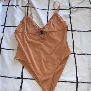 Forever 21 Bodysuit Lace Tan Spaghetti Strap V Cut